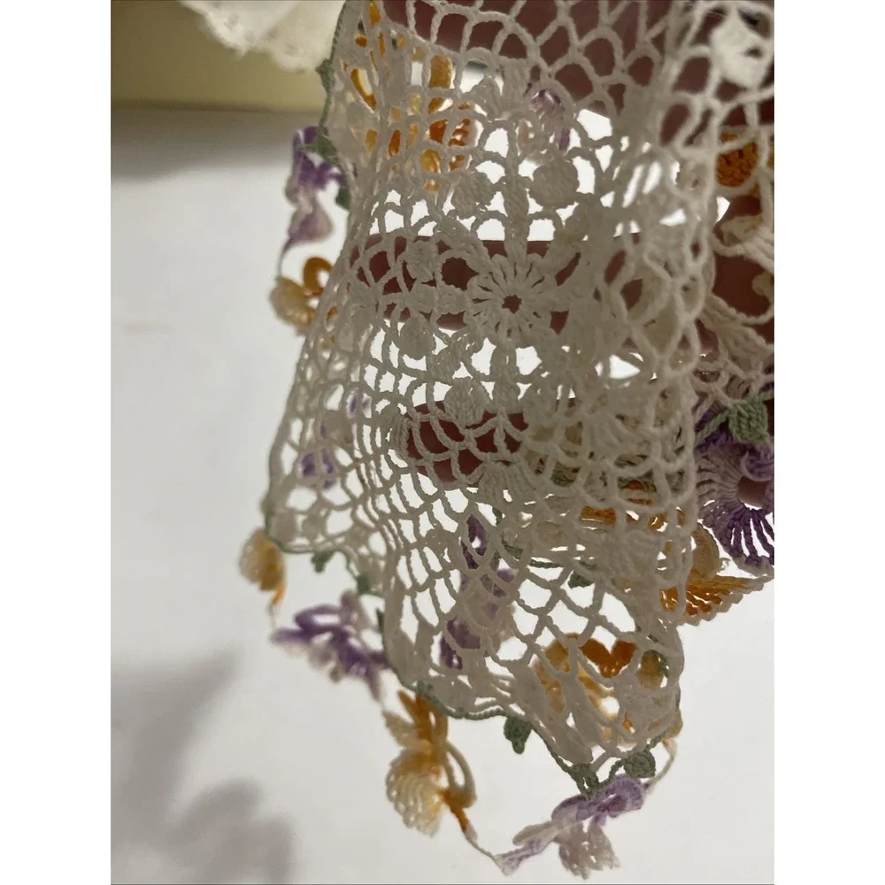 Vintage Pansy Crochet Doily Coaster Purple & Orange‎ Flowers Grandma Core Home